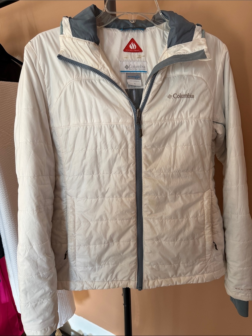 Columbia Women's White Hooded Quilted Puffer Jacket with Gray Trim